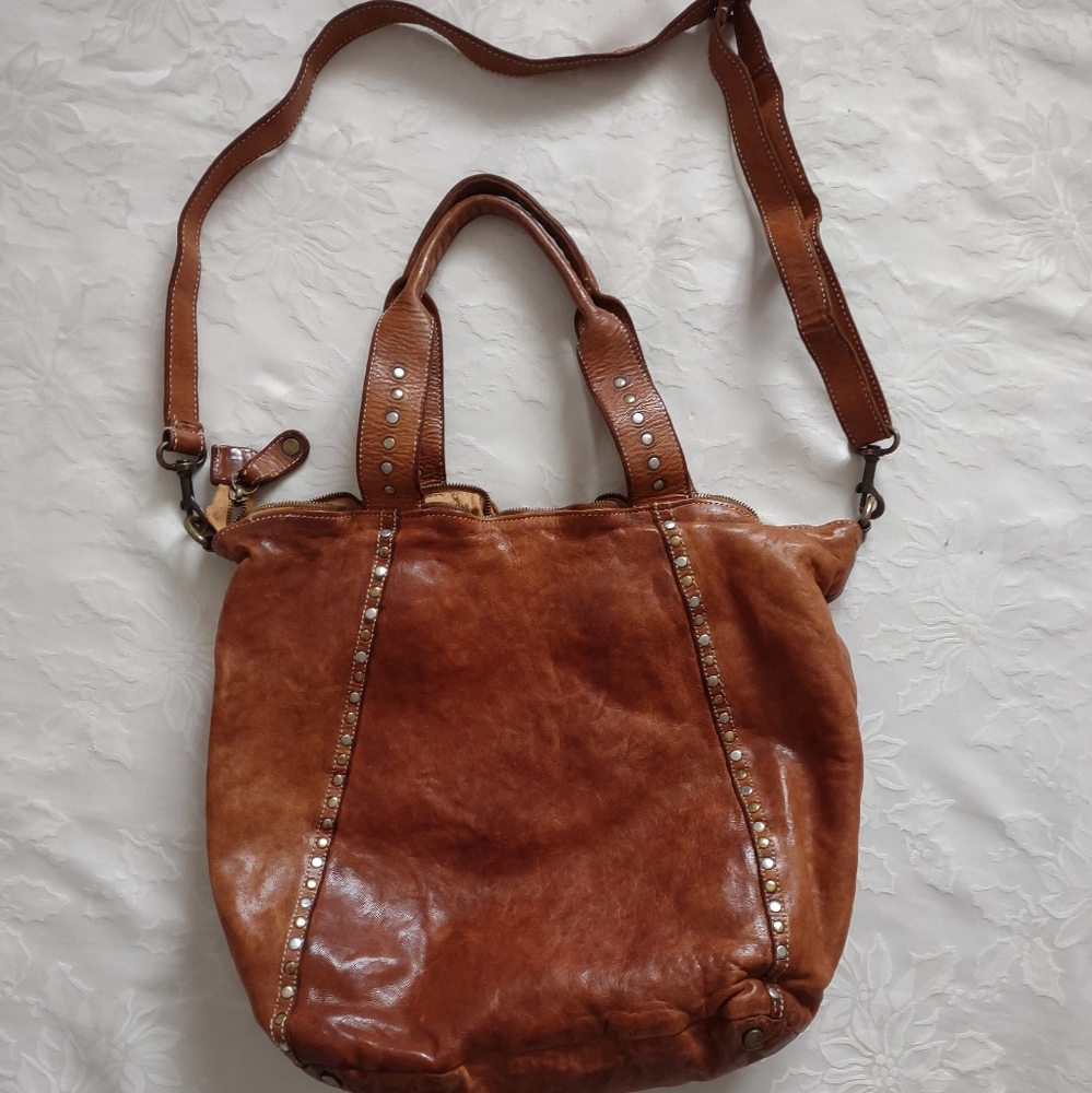 Langellotti vintage Made in Italy genuine leather tote studded crossbody